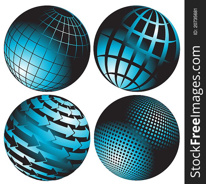 Illustration, four abstract blue globes on white background. Illustration, four abstract blue globes on white background