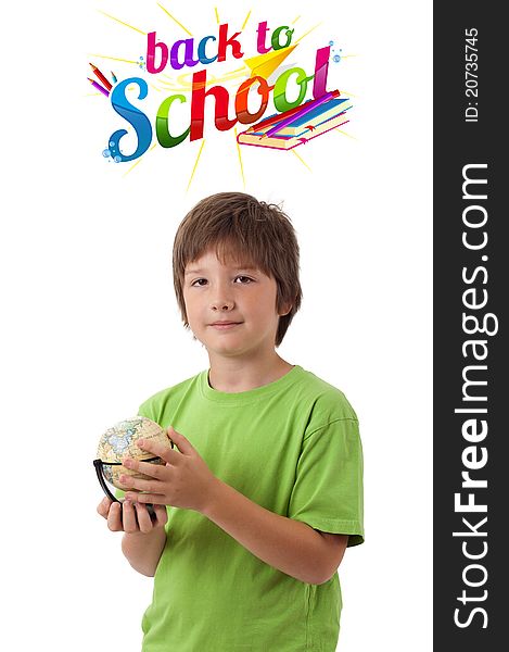 Boy with globe and back to school theme isolated on white. Boy with globe and back to school theme isolated on white