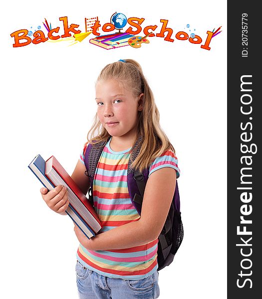 Girl with back to school theme isolated on white