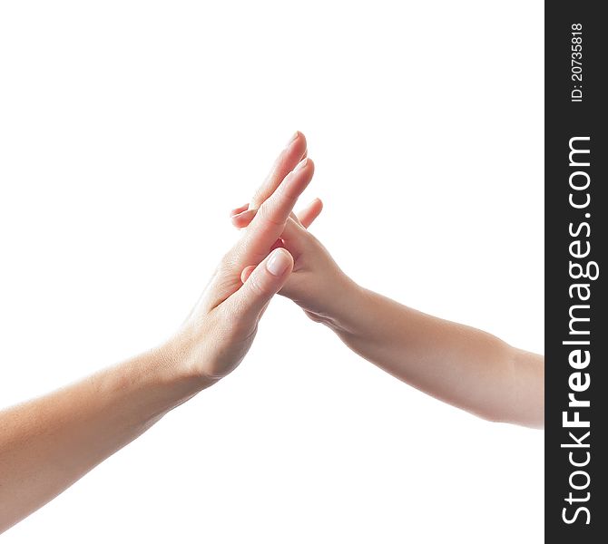 Child touching hand of mother isolated on white Background