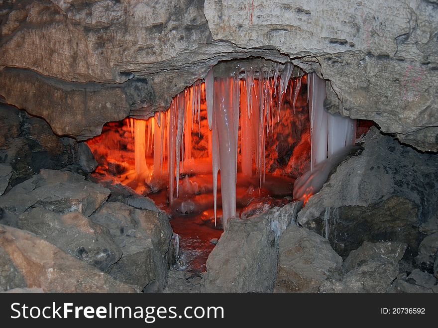 Ice With Lighting In Cave
