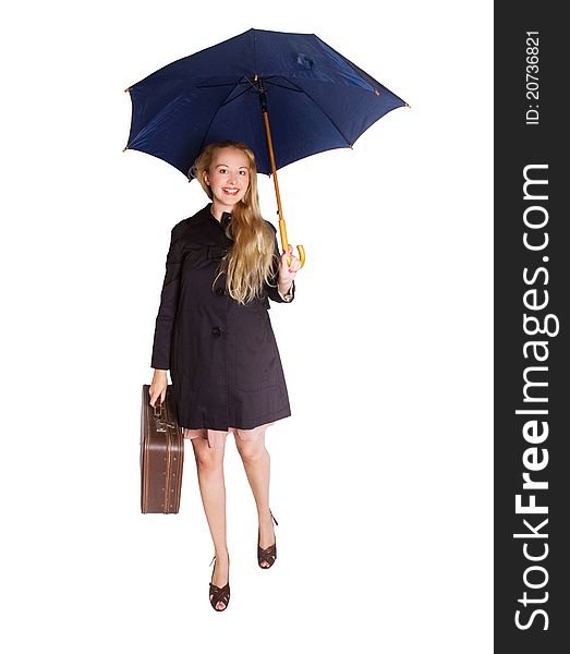 Woman with umbrella and vintage suitcase, isolated on white background