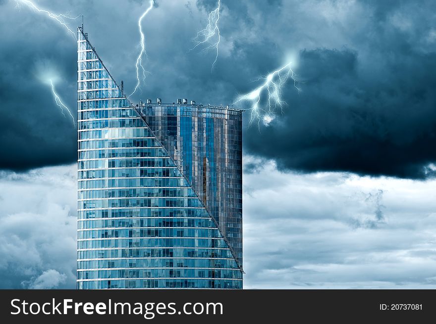 High rise building, clouds and lightning