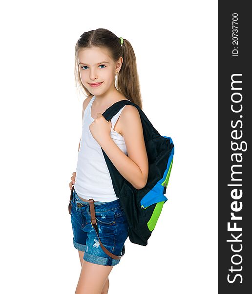 Cute schoolchild with knapsack on white background