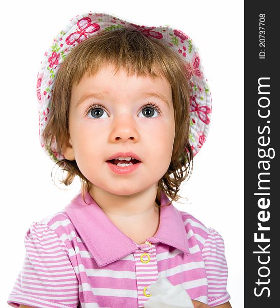 Cute little girl close-up on white background