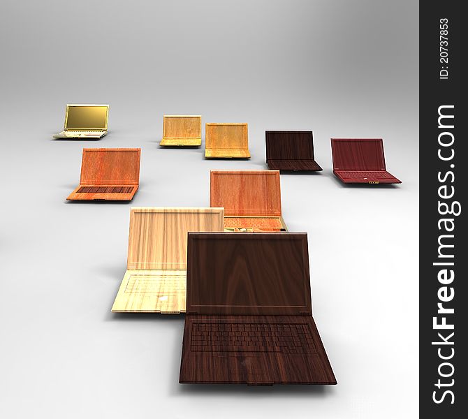 Illustration of computer, 3D, computer generated, Use of Wood & gold material. Illustration of computer, 3D, computer generated, Use of Wood & gold material.
