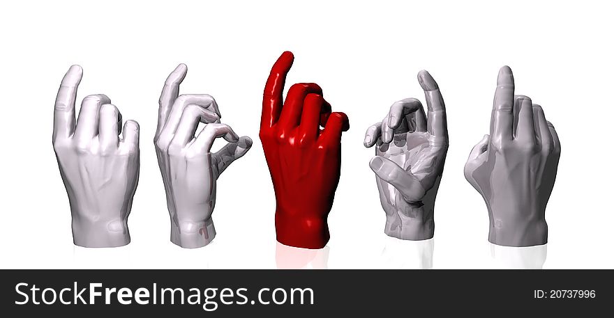 illustration of hands in color white and different positions and one in red color