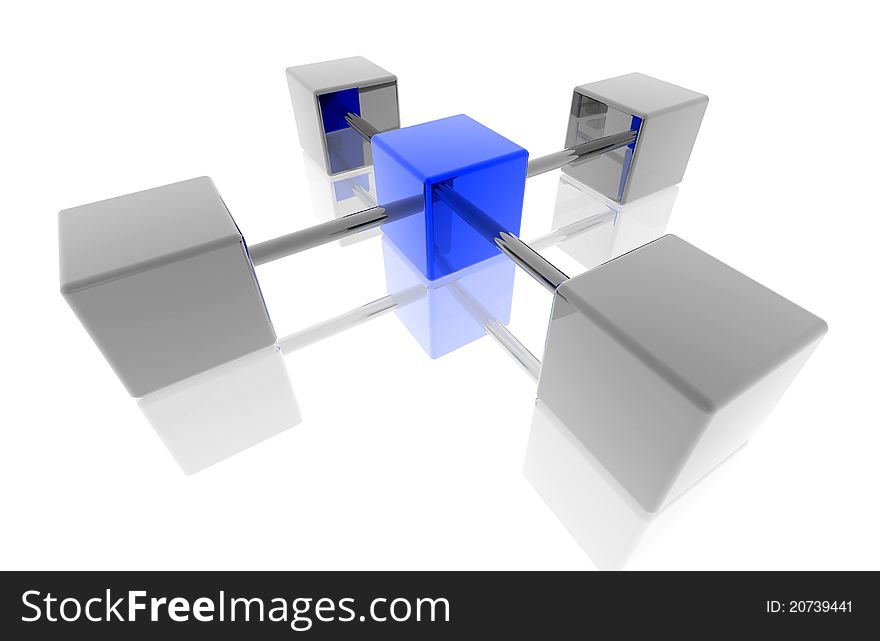 Illustration of 5 connected cubes and that of the center of blue color. Illustration of 5 connected cubes and that of the center of blue color