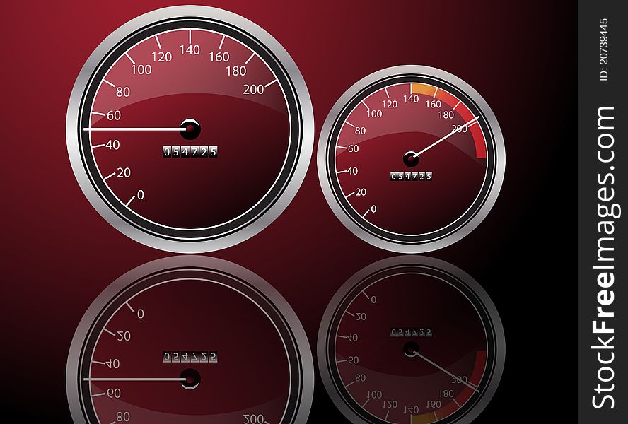 Two speedometers on red and black background