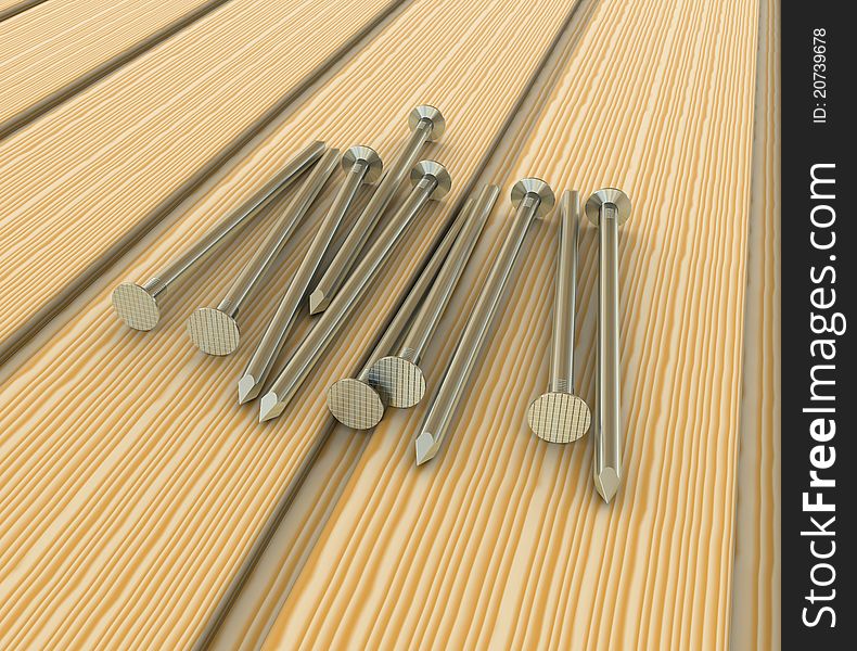 Metal nails in wooden boards. 3d rendering