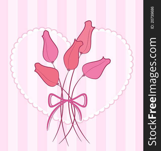 Vector card with a bouquet of cute roses with heart in background