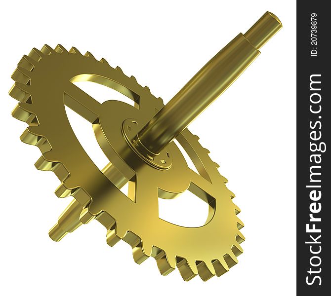 Gold gear of the clock on a white background. 3d rendering