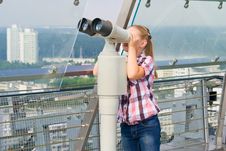 A Girl Looks Through A Telescope Stock Image A Girl Looks Through A Telescope Stock Image