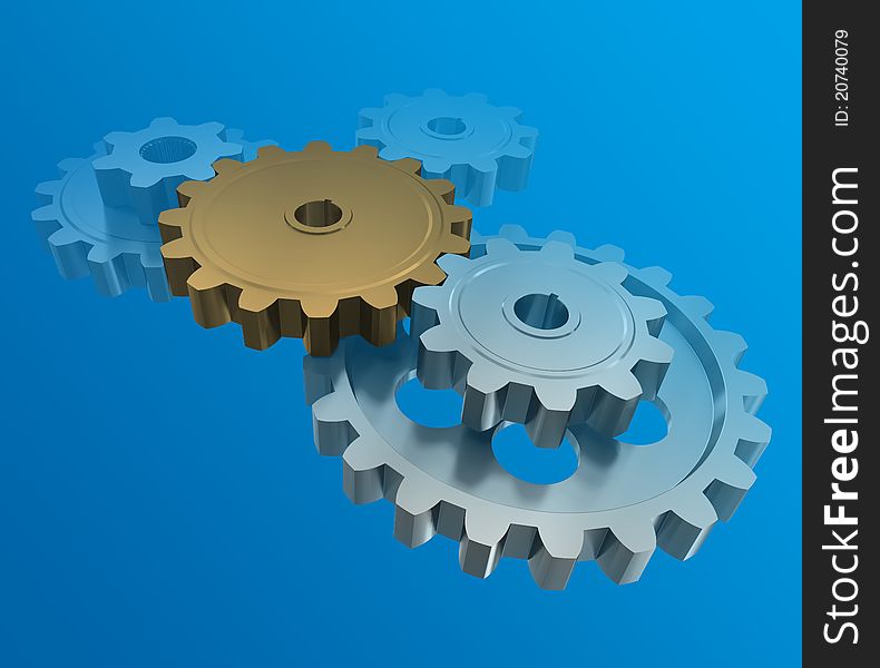 The gear wheels on a blue background. 3d rendering