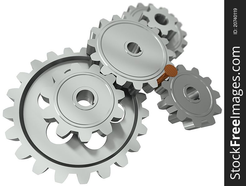 Nail between gears - a symbol obstacle in business. 3d rendering