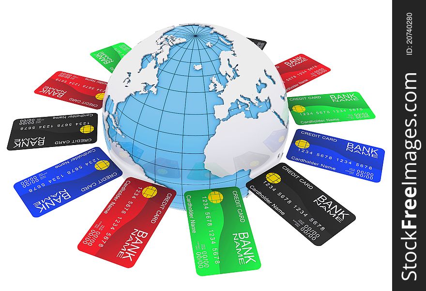 Multicolored bank cards around the Earth. 3d rendering