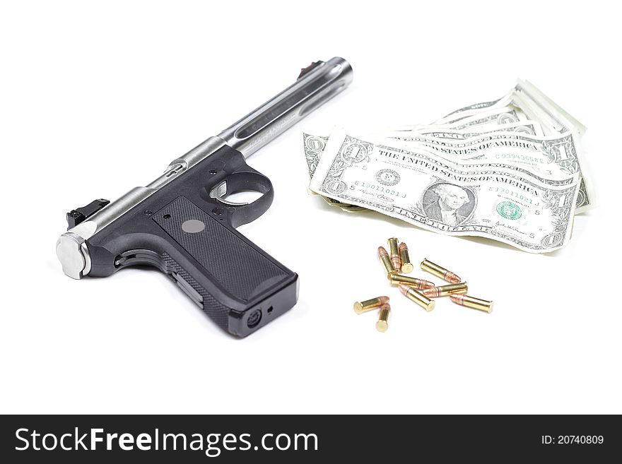 Money, guns, and bullets against a white background. Money, guns, and bullets against a white background