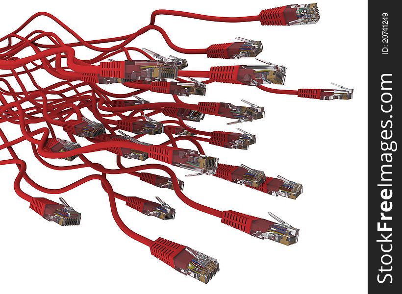 Group of red network cable on white background