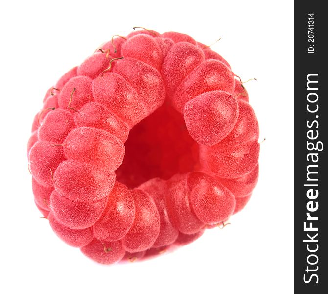 Ripe red raspberry on white background. Top view. Ripe red raspberry on white background. Top view.