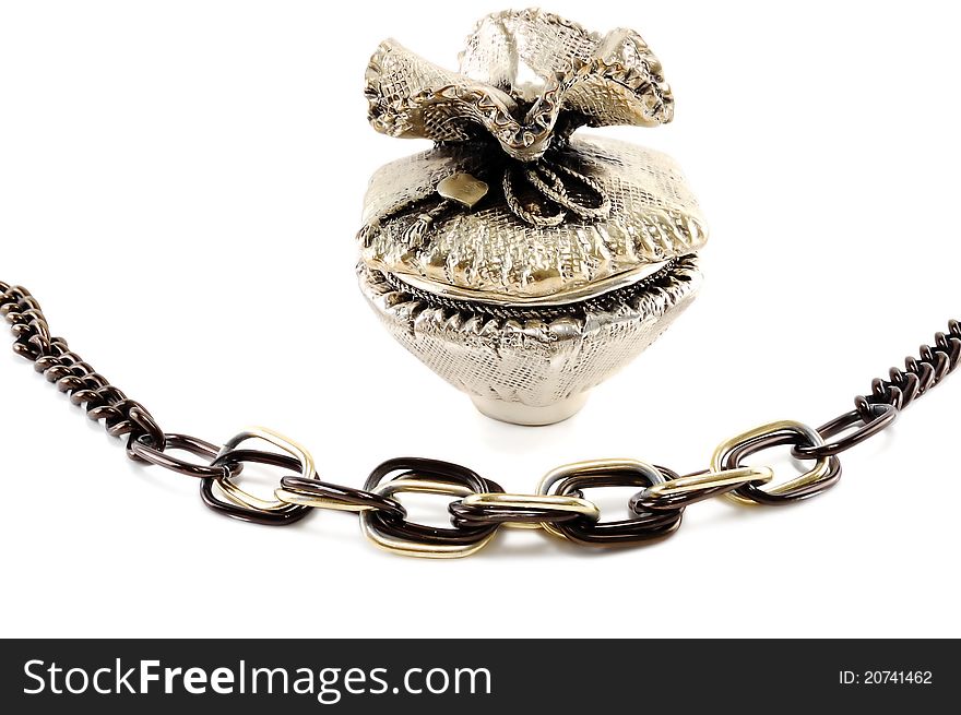 Metal casket and large chain on a white background