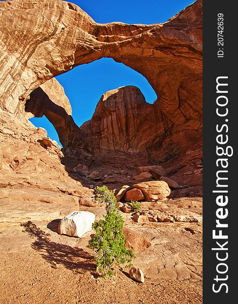 View of Double Arch in Arches National Park, Utah, USA in the summer morning