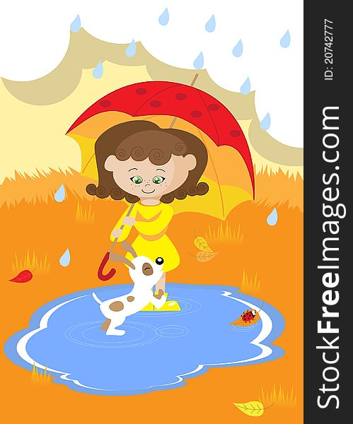 The girl with umbrella costs in the rain, a dog, autumn