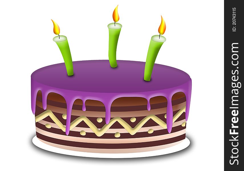 Illustration of cake with purple topping and green candles