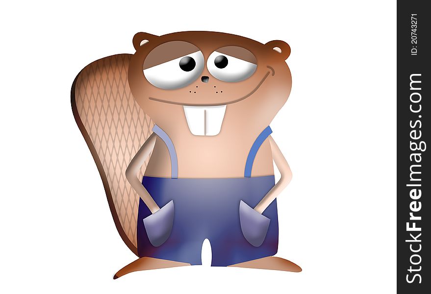 Cartoon illustration of brown beaver with blue overalls. Cartoon illustration of brown beaver with blue overalls