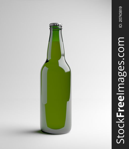 A render of a green beer bottle over a white background