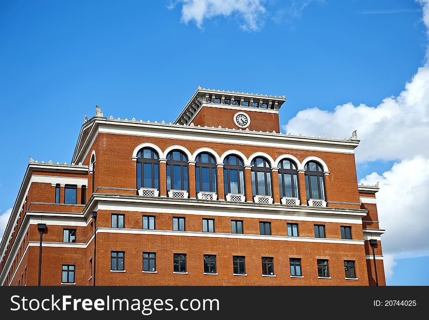 Brick building on the blue sky in Birmingham.