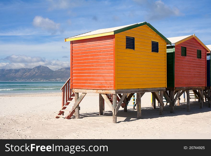 Colorful beach cabins in Muizenberg beach in South Africa