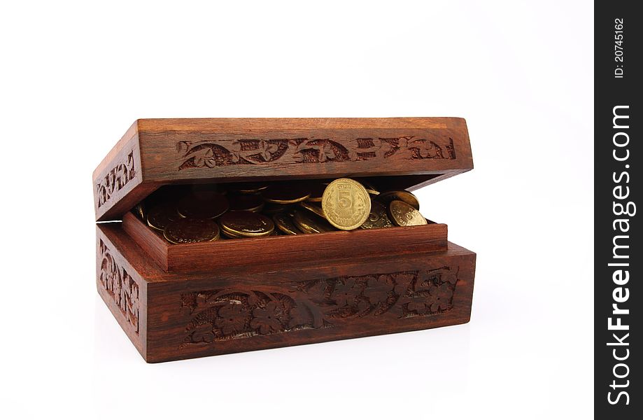 Chest with Gold Coins Isolated on White Background