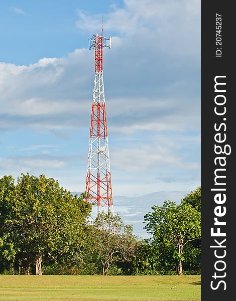 Communication tower in blue sky