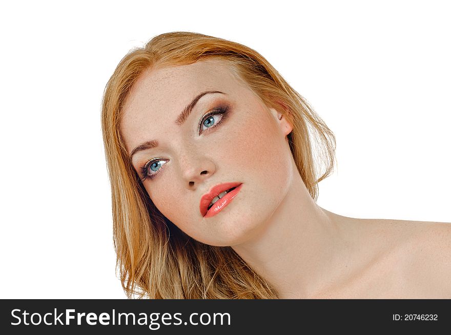 Portrait of redheaded beautiful girl on white. Portrait of redheaded beautiful girl on white