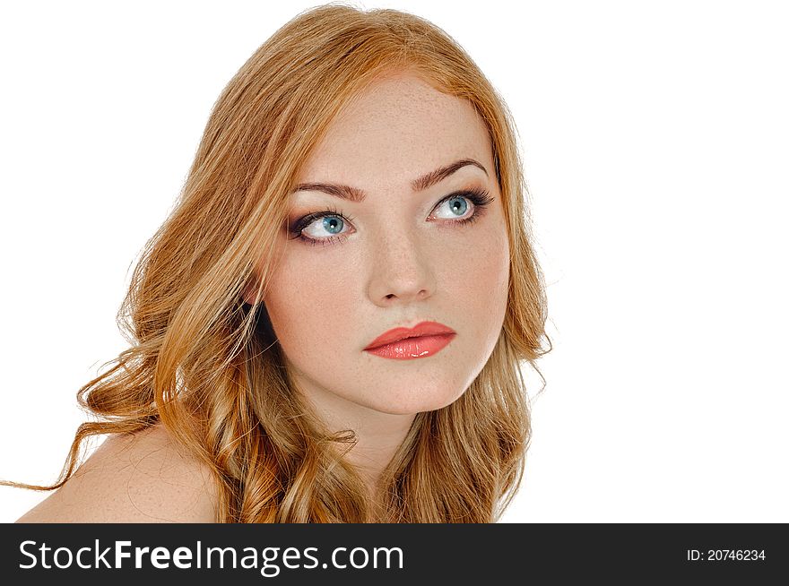 Portrait of redheaded beautiful girl on white. Portrait of redheaded beautiful girl on white