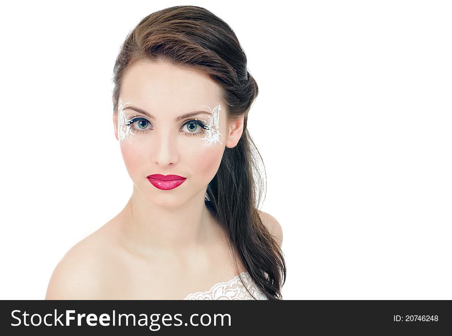 Portrait of beautiful girl with art make up on white. Portrait of beautiful girl with art make up on white