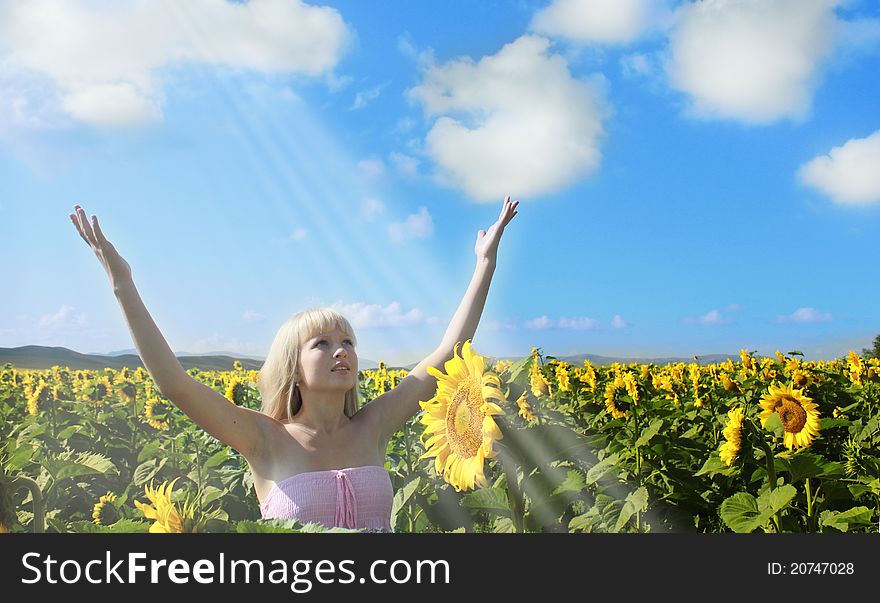 Woman in sunflowers field enjoys her being. Woman in sunflowers field enjoys her being