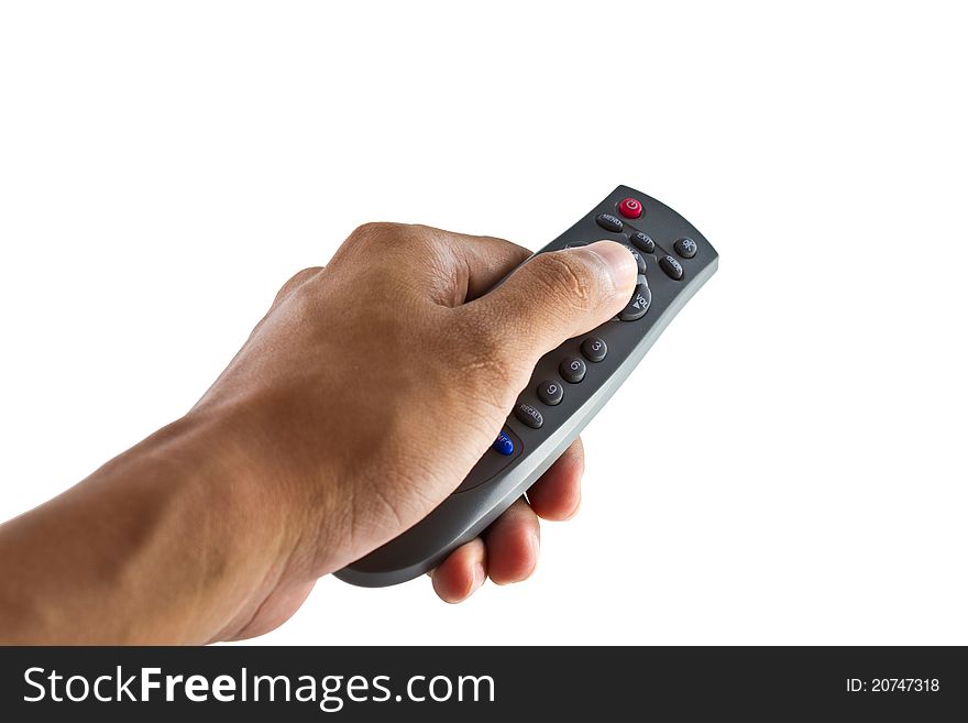 Hand with remote control on white background