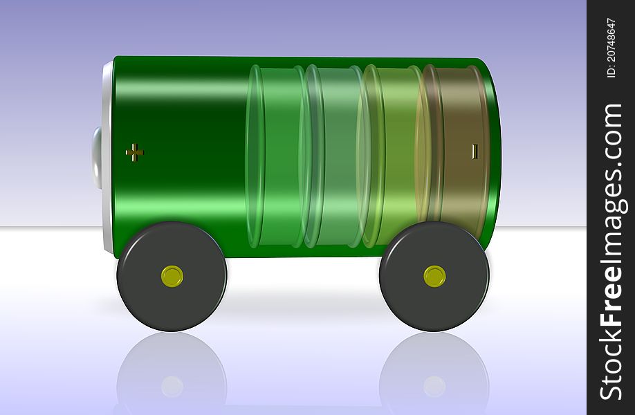 A green battery with wheels attached on a blue and white background. A green battery with wheels attached on a blue and white background