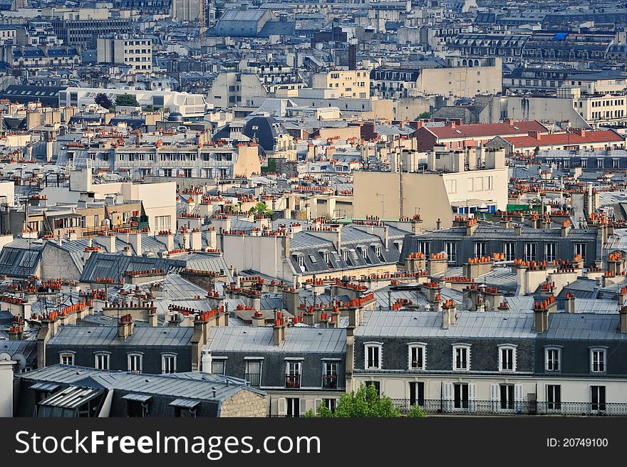 Aerial panorama above houses rooftops in a Paris. Aerial panorama above houses rooftops in a Paris