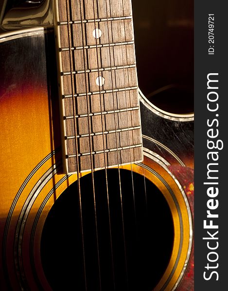 Closeup of old acoustic guitar. Closeup of old acoustic guitar