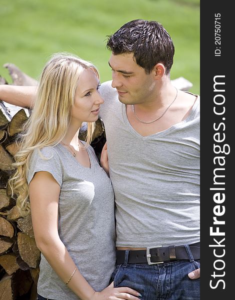 Portrait of loving couple outdoor in countryside