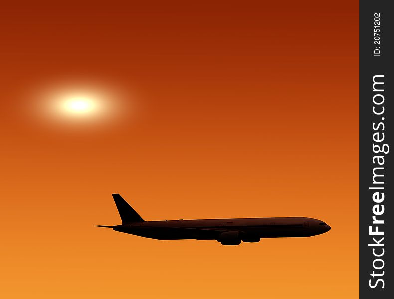 Airliner in the background of an orange sunset. Airliner in the background of an orange sunset