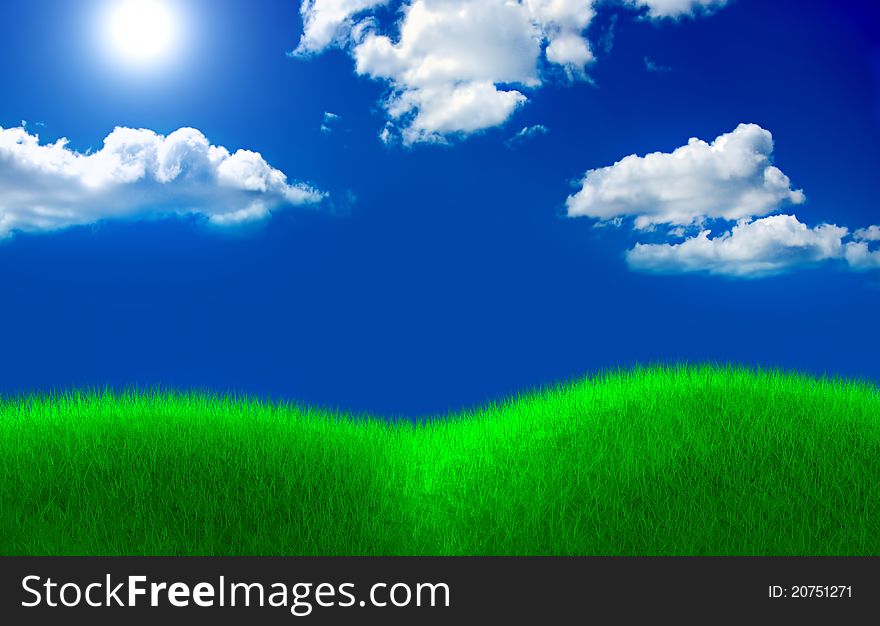 Green grass field and cloud sky with sun. Green grass field and cloud sky with sun
