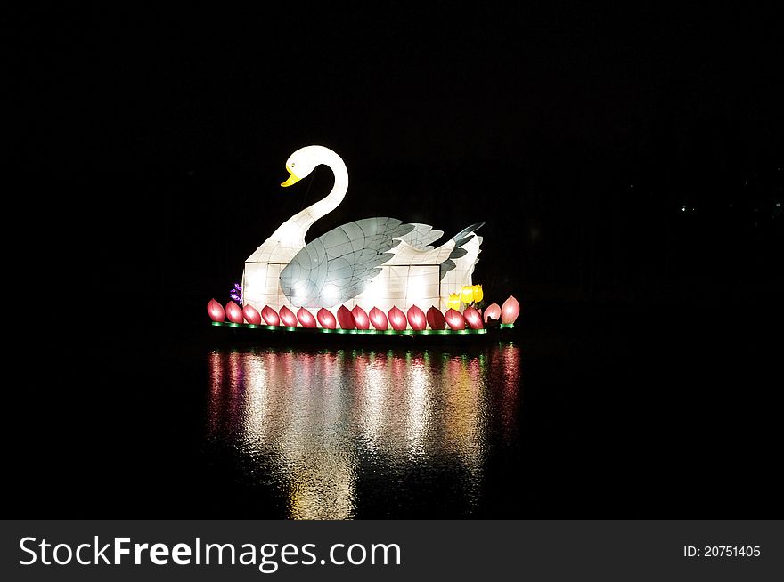 At a lamp exhibition goose lamp floating on lake. At a lamp exhibition goose lamp floating on lake