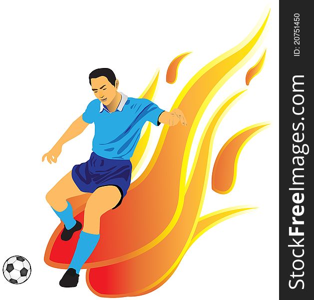 Soccer player kicking a ball and has a background as a flame. Soccer player kicking a ball and has a background as a flame