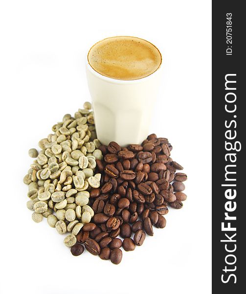 Cup of Espresso Coffee with Raw Green and Fresh Roasted Beans Isolated Over White