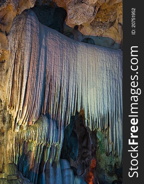 Stalactite and stalagmite in the cave country of Thailand