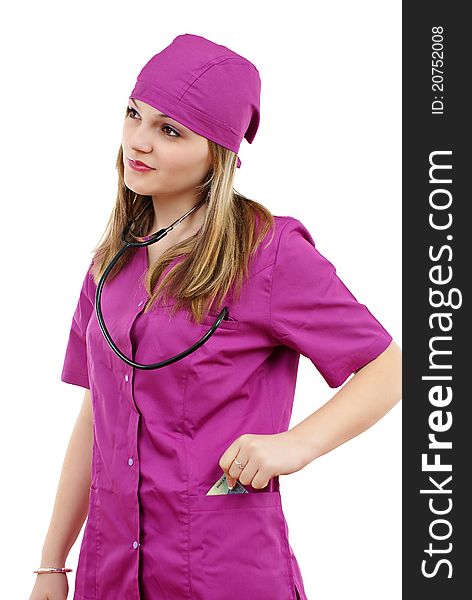 Beautiful nurse with stethoscope and money