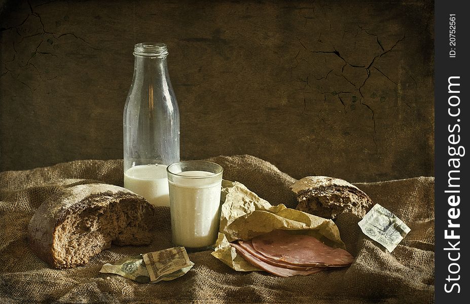 Still life with milk, rye bread and sausage. Still life with milk, rye bread and sausage